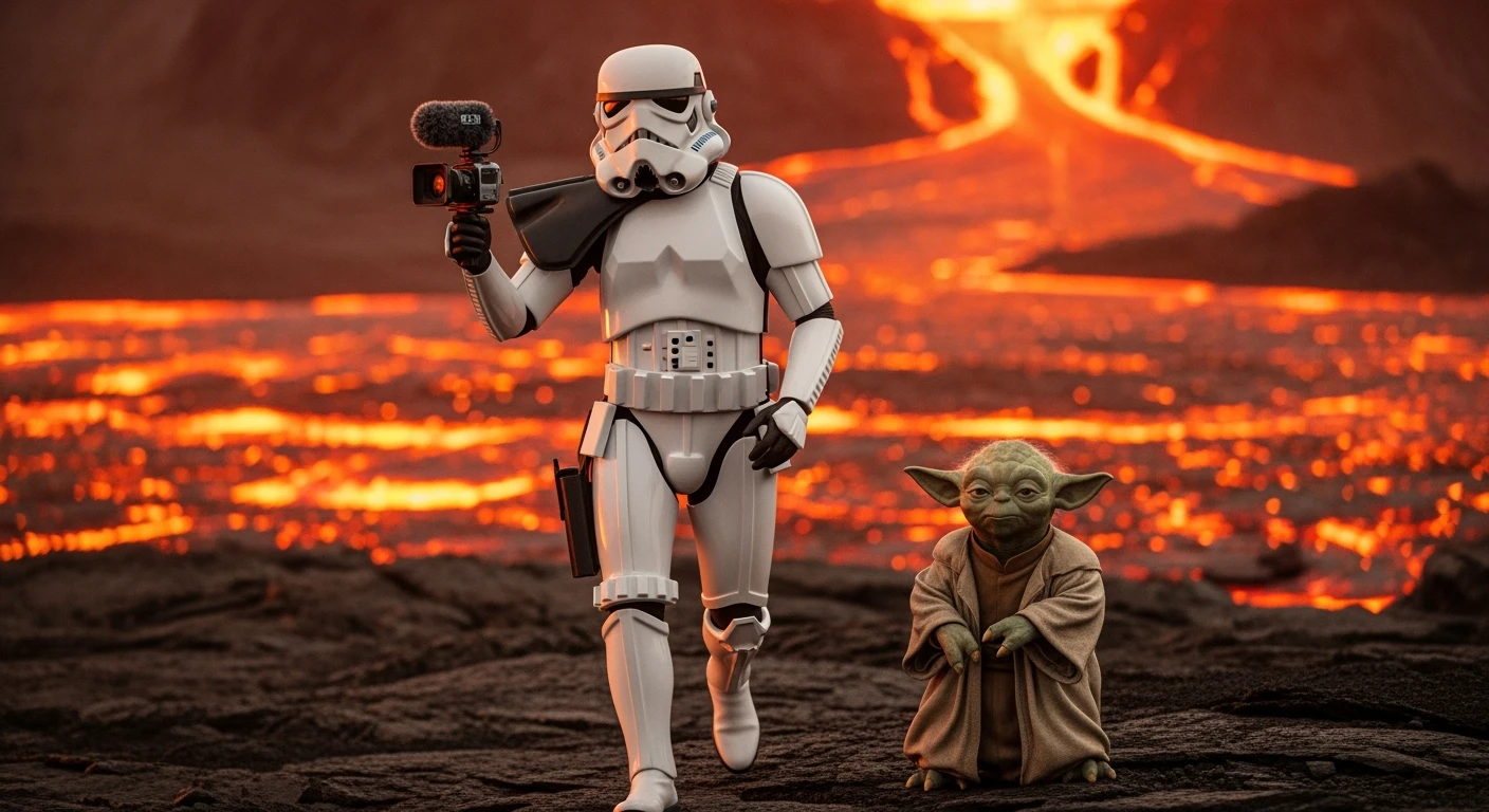 Starwars stormtroopers vlogging holding camera, he is walking on lava planet with yoda emoji