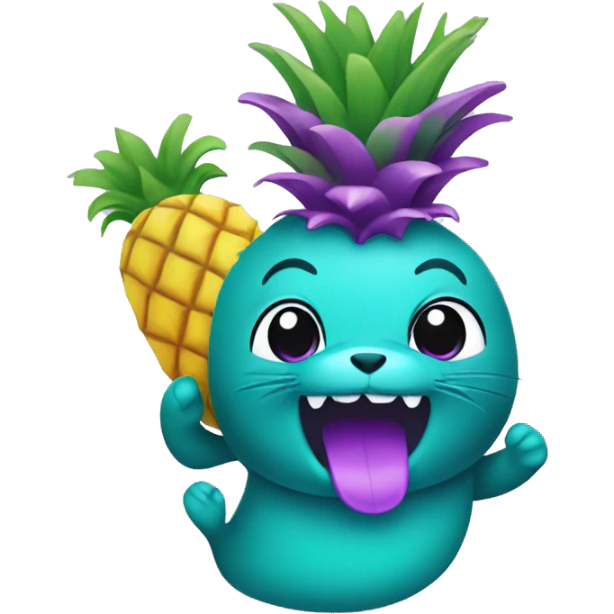 teal-colored seal holding a purple-colored pineapple emoji
