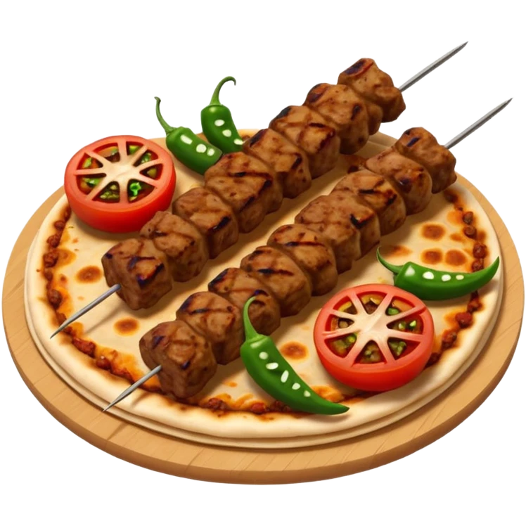 Adana kebab object icon, spicy grilled minced meat skewer, served on flatbread, grilled tomatoes and green peppers on the side, smoky char marks, juicy texture, 3D cartoon, mobile game icon style, centered, clean background, no text, no watermark
 emoji