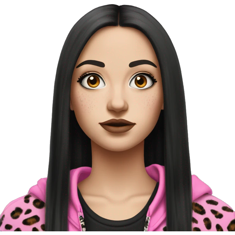 Hyperrealistic white girl with long black hair with a pink fringe and has eye makeup on, she is wearing a black and leopard print hoodie  emoji