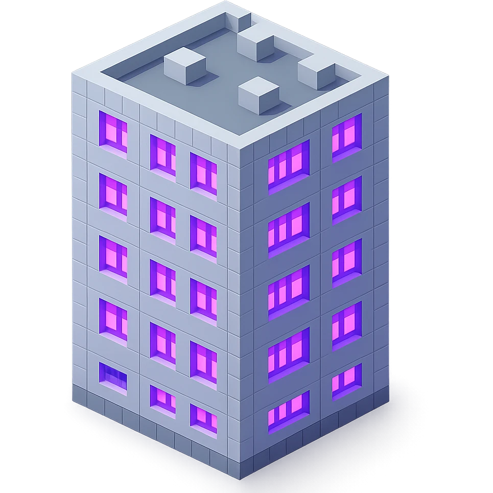 Russian panel apartment building, modernized square block, light gray, ultraviolet glowing windows, isometric view emoji