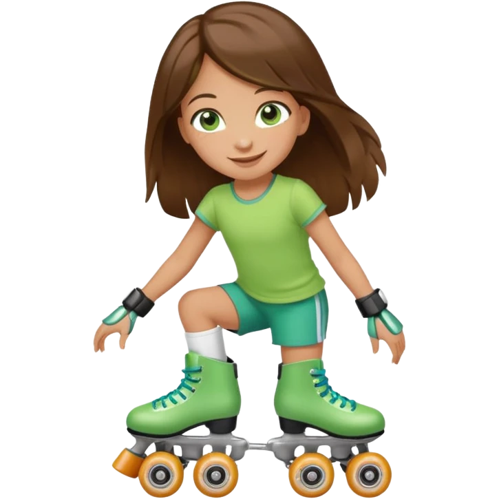 an 8 year old girl with green eyes and long brown hair. smiling. skating on quad style roller skates with white boot. emoji