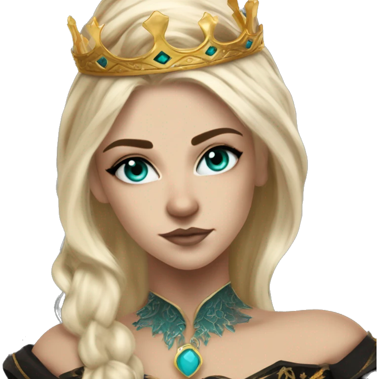 Aelin has white or golden blonde hair, turquoise eyes with a gold ring around the pupil, and tattoos and scars. Wearing a black and gold gown with a crown made of fire emoji