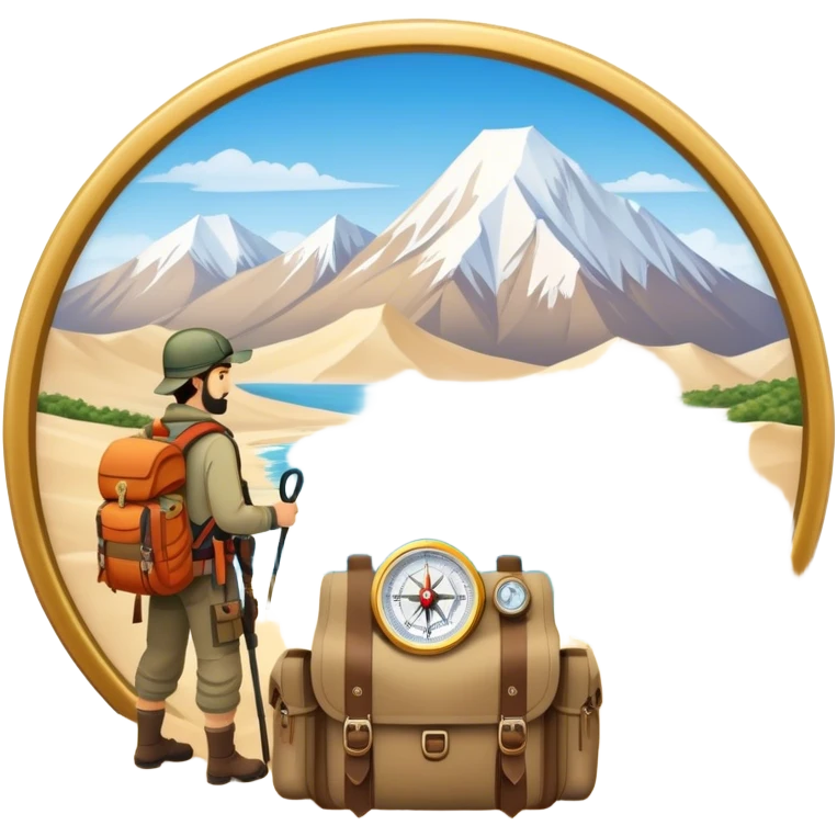 Icon for Expeditions: a compass, a map, a backpack with trekking gear, and a rugged expedition jeep, set against a backdrop of snowy mountains, sand dunes, and tropical islands. The icon should capture the spirit of adventure and exploration in diverse landscapes. Transparent background. emoji