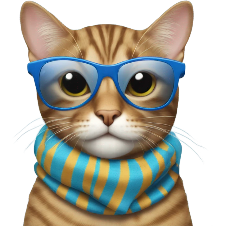 Tabby cat wearing sunglasses wearing blue striped scarf emoji