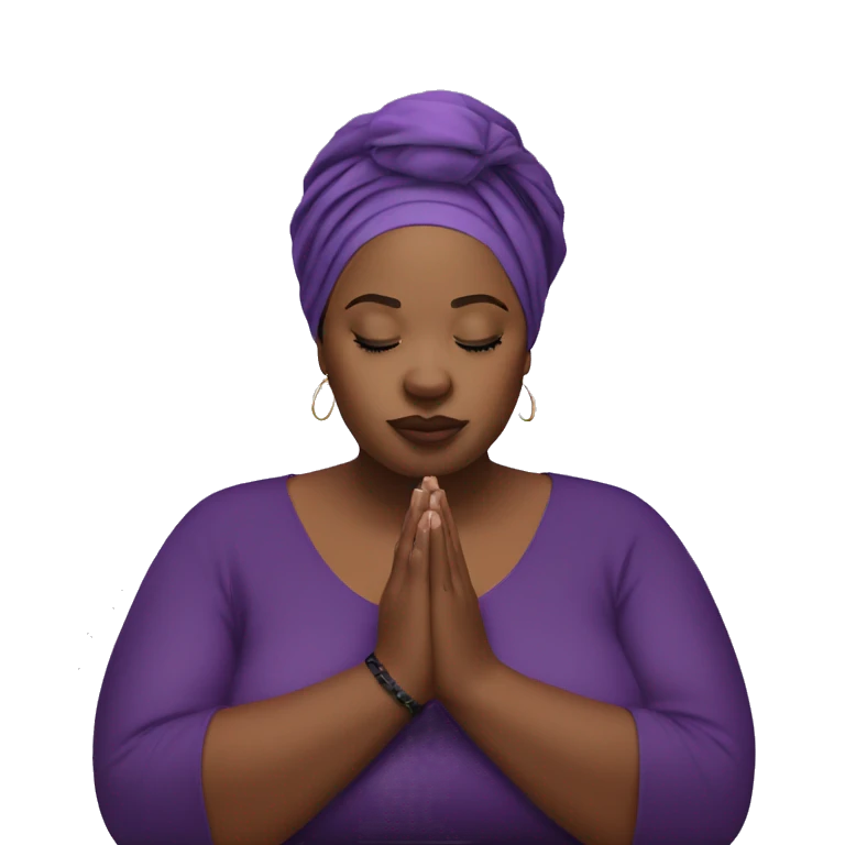 Dark Plus size woman praying with purple head wrap   emoji