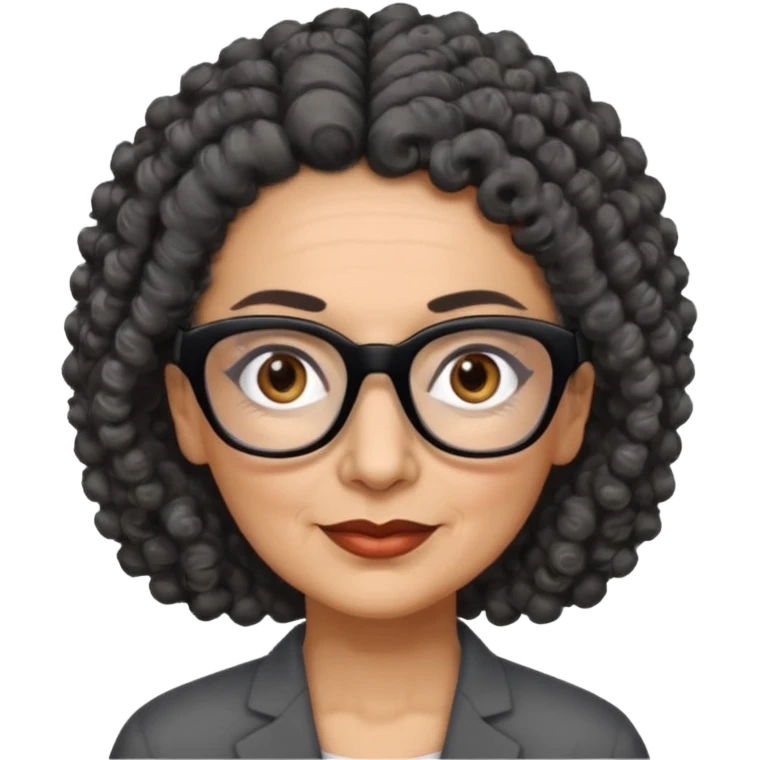 femme 60 ans cheveux gris foncé très bouclé attaché et yeux marrons foncé,  lunettes rectangle noir emoji