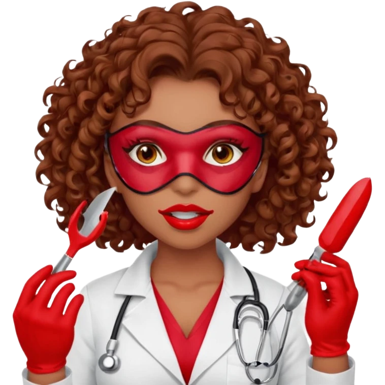 Lilith scalpel in hand, evil surgeon sexy surgeon clothes.  She has red eyes.  Hair is long. Hair is brown and curly hair. Wears sexy doctor outfit with red gloves. Covers mouth and neck mask  red emoji
