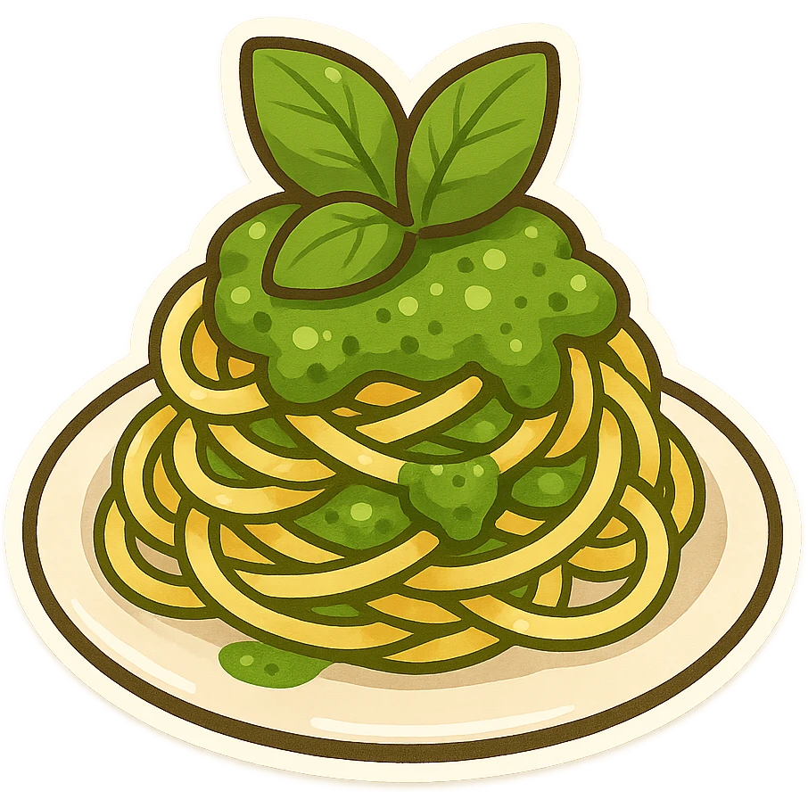 spaghetti with green pesto and basil leaves, inviting, cartoon style emoji