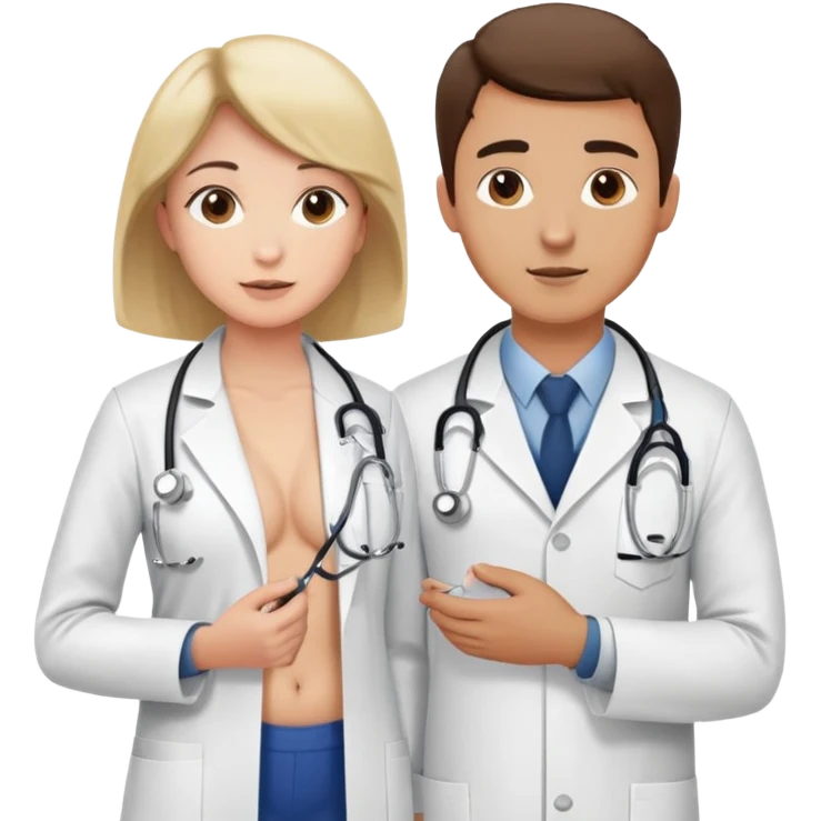 Female doctor in white coat using stethoscope to examine male patient's bare upper body during medical check-up emoji