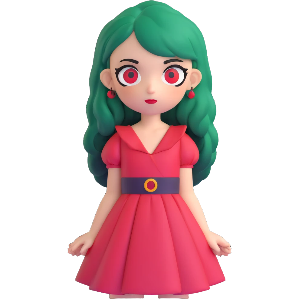 girl with dark green hair, red eyes, and a red dress emoji
