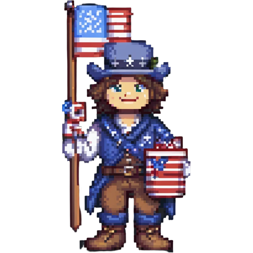 pixel art of Yankee Doodle with an American flag, festive mood emoji