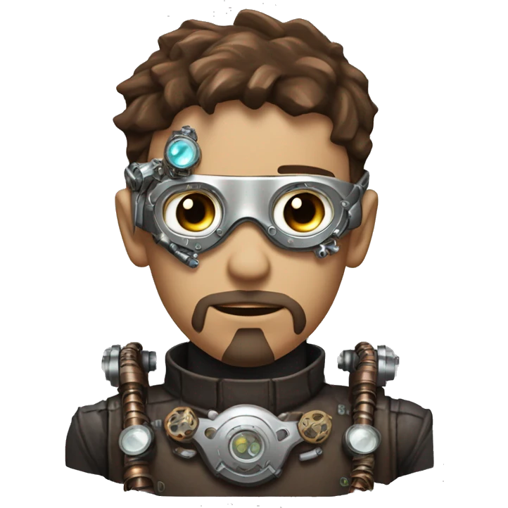male cyborg head with brown short hair, brown beard, silver steampunk goggles and circuitry emoji