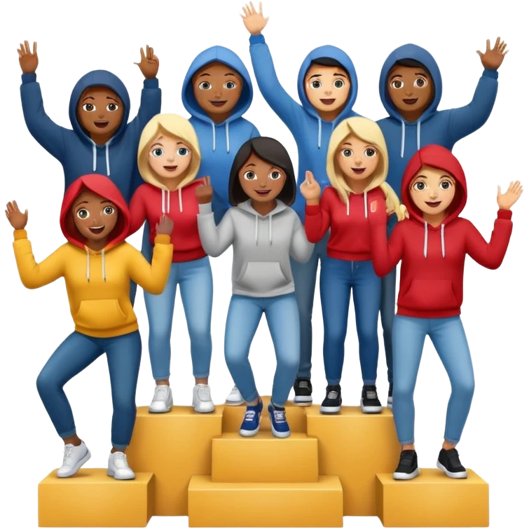 multi-racial people in jeans and hoodies on a winners podium, center step higher, no numbers, excited fun expressive emoji style emoji
