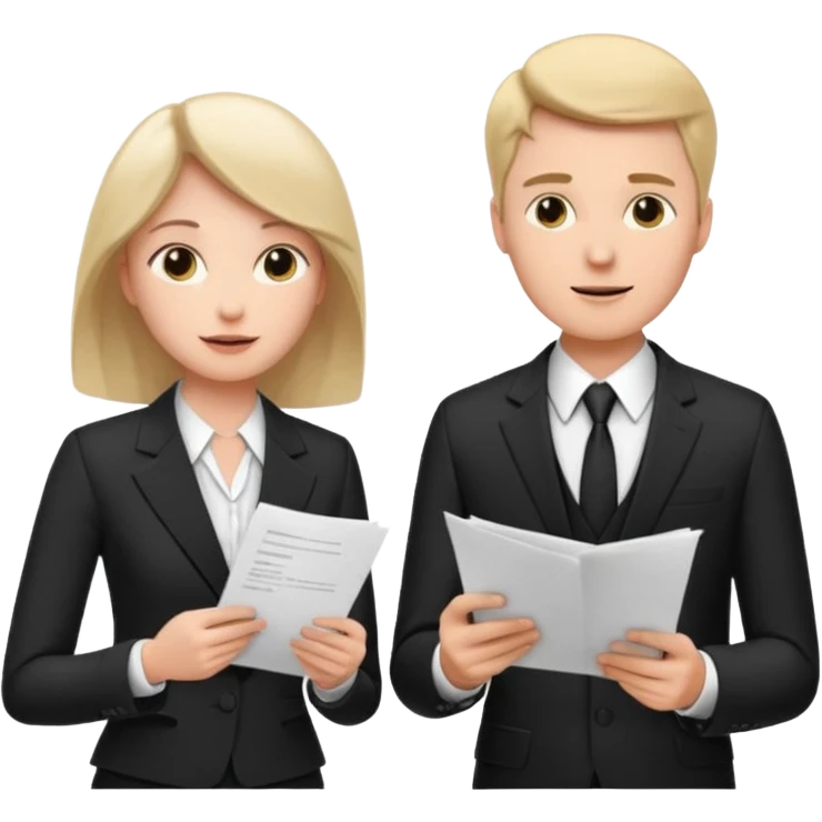 white man in formal suit talking to white woman in formal suit, they sit, papers in hands emoji