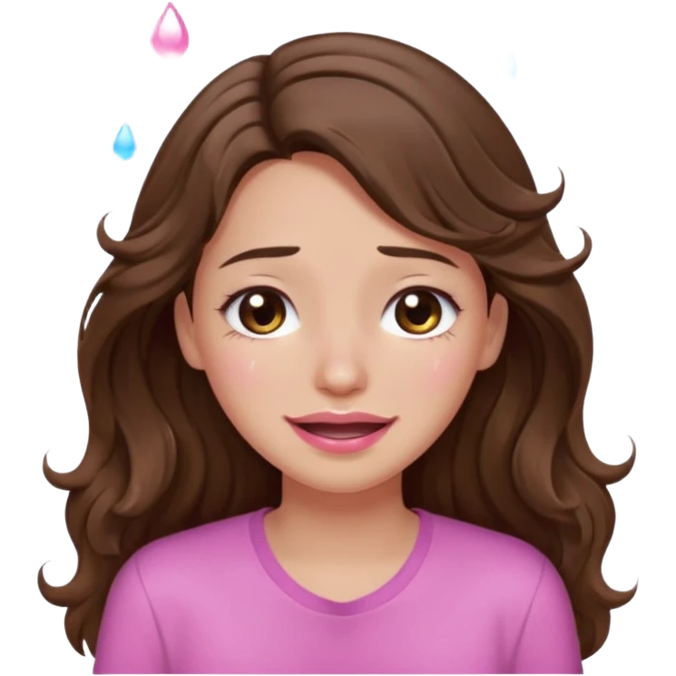 girl with wavy long brown hair, brown eyes, light to medium complexion, long lashes, light pink lipstick, wearing light pink shirt, smiling, crying with big pink tears emoji