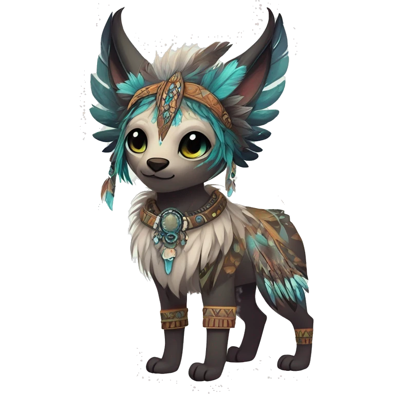 cute Kawaii edgy ethereal shy epic tribal fantasy animal fursona Fionbri creature by griffsnuff & LiLaiRa & Falvie with exotic colors with intricate patterns and feathers and headdress and necklace full body emoji
