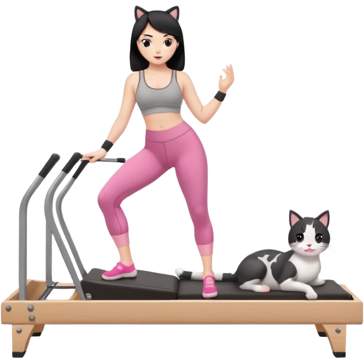 Create a Pilates emoji: a girl with fair skin and black hair, wearing a grey bra and grey leggings with pink pilates socks, doing cat-cow on a wooden reformer. Make it look at the reformer. Make the colors neutrals. emoji