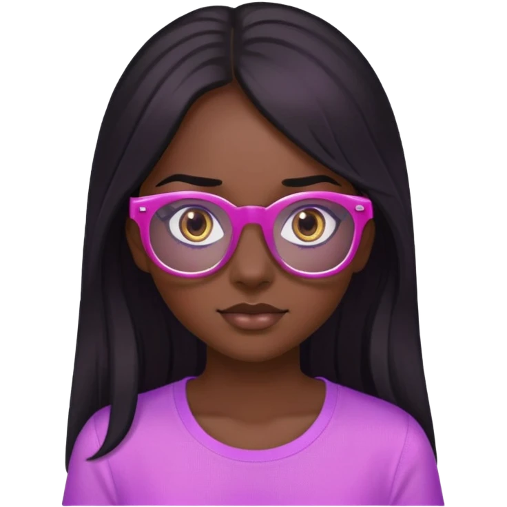Dark skin , girl , long black hair , pink see through glasses , brown eyes , purple shirt emoji