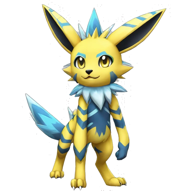 Anthro Edgy Cool Zeraora-Jolteon-Pokémon-Fakémon with shiny blue stripes Full Body Detailed High Quality emoji