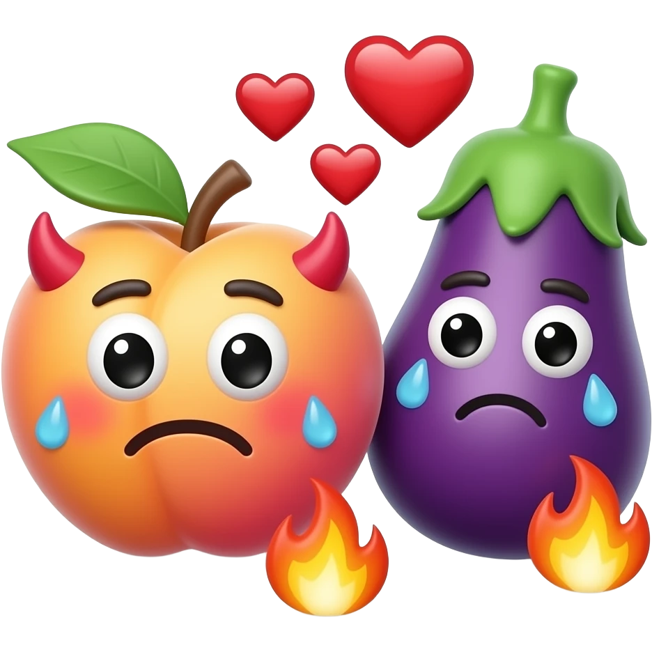 A glossy 3D emoji sticker of a peach and eggplant with dirty-minded expressions, blushing cheeks, sweat drops, tiny devil horns, hearts and flames, playful after-dark adult humor vibe, clean transparent background, soft shadow, high quality, no text, no watermark, non-explicit emoji