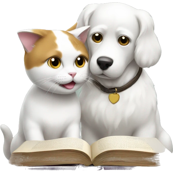 white cat and dog reading books together  emoji