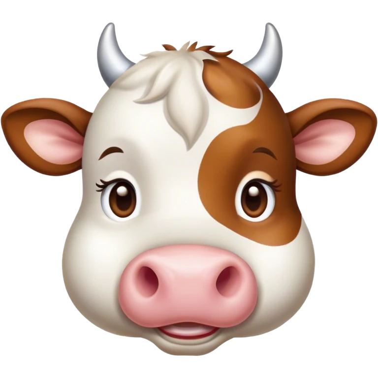 Cinematic Cute Brown and White Cow Portrait Emoji, Head tilted playfully and inquisitively, featuring a glossy, richly patterned hide of brown with striking white patches, round, sparkling brown eyes filled with gentle curiosity, Simplified yet irresistibly adorable features, highly detailed, glowing with a warm, friendly glow, high shine, affectionate and serene, stylized with a touch of country charm, bright and endearing, soft glowing outline, capturing the essence of a mischievous yet loving cow, so playful it feels like it could moo out of the screen and into your arms! emoji