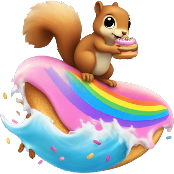 A squirrel surfing on a large blue wave with a donut with pink frosting and rainbow sprinkles in her hand emoji