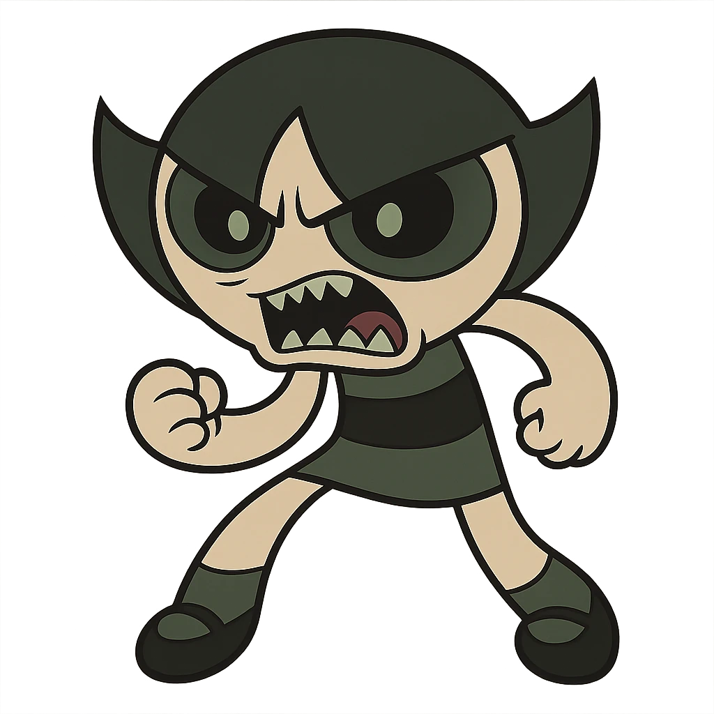 Buttercup from Powerpuff Girls, cartoon style, full body, scary and intimidating face, aggressive pose, dark and eerie colors emoji