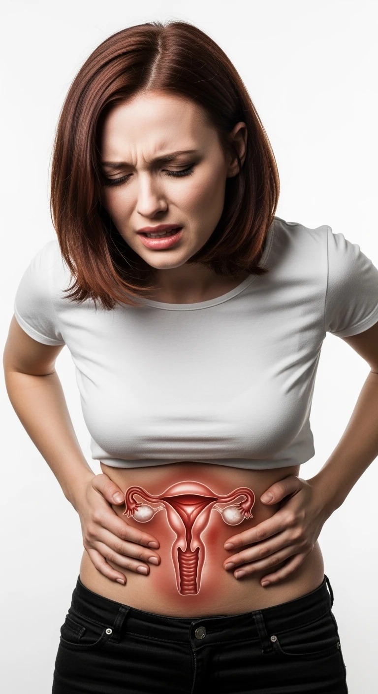 donna con utero umano realistico in evidenza dolorante, espressione di dolore in volto, sfondo bianco, non farla computerizzata, ma iperrealistica 4k emoji