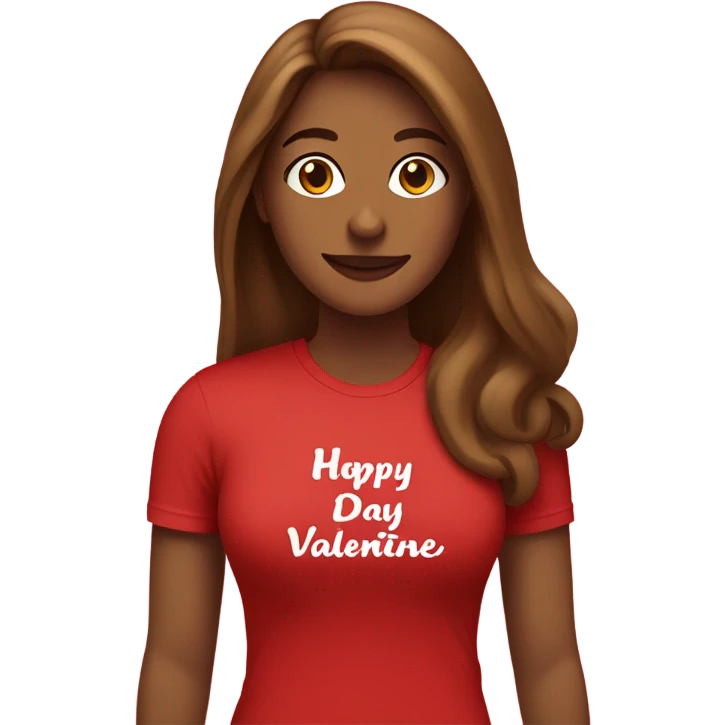 Light brown woman with long brown  hair with a red happy Valentine’s Day t-shirt emoji