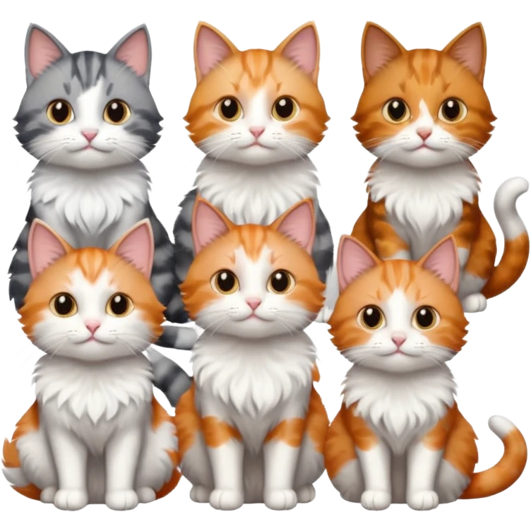 6 cats with different coloured coats, 2 are grey and white, 1 is grey with a little white, 1 calico, 1 brown tabby and white and one ginger and white emoji