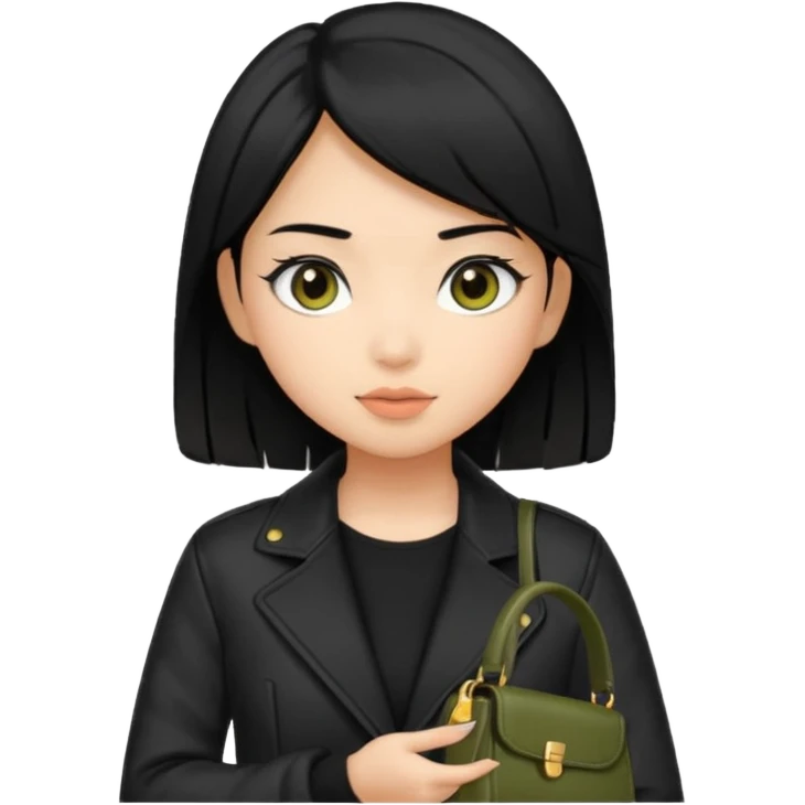 A girl with a pony tail black hair and olive skin, Asian eyes, with a black jacket and a black purse  emoji