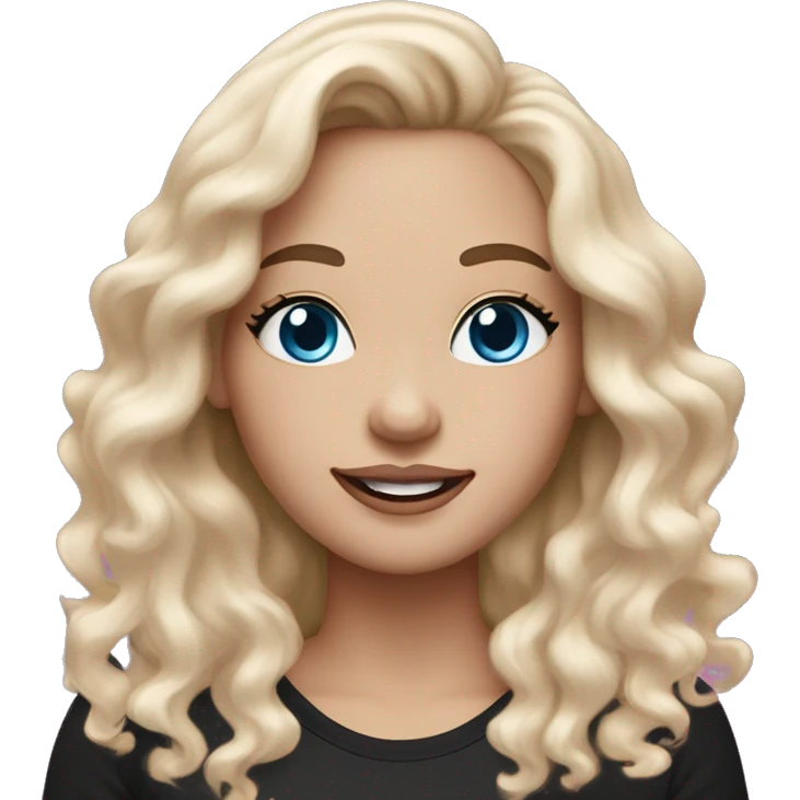 An adult white-skinned woman, with makeup, smiling, face with pink and purple glitter, blue eyes, long wavy ombre hair from brown to blonde, ring earrings, black T-shirt. emoji