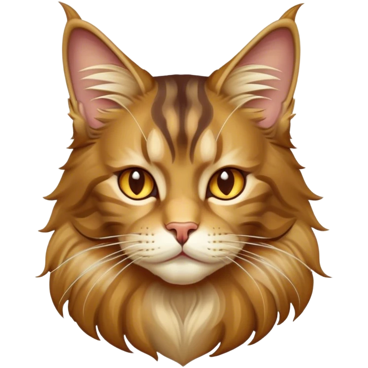 Cinematic Maine Coon Cat Portrait Emoji, Elegant and alert, sleek brown, gold, and cream tones, Simplified yet sharp features, highly detailed, glowing with a warm, confident glow, high shine, intelligent and poised, stylized with an air of grace, focused and attentive, soft glowing outline, capturing the essence of strength and grace, so lifelike it feels as though it could spring into motion with its majestic tail swishing at any moment! emoji