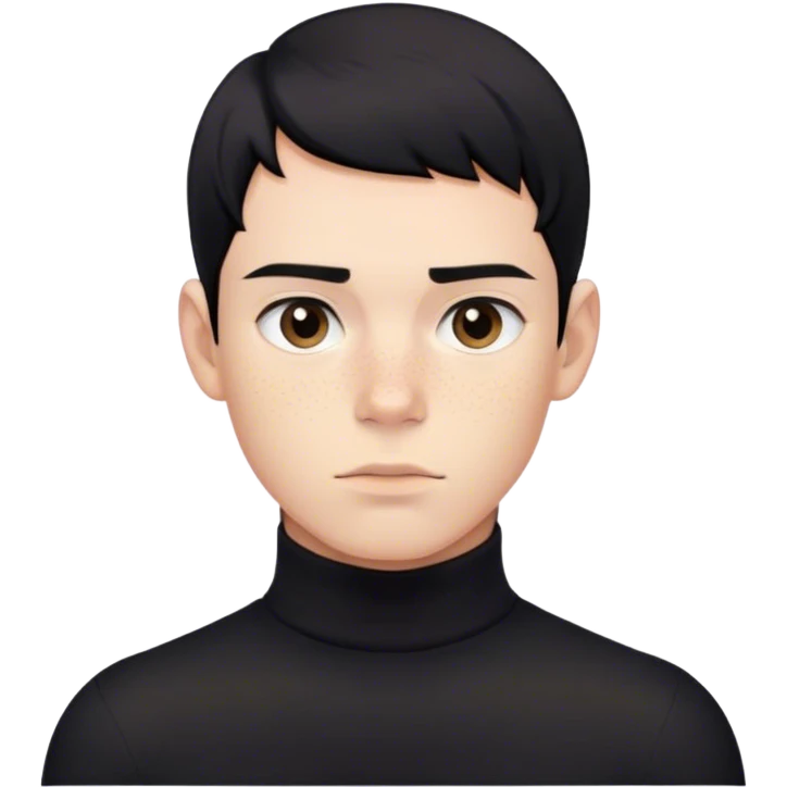 A young man with short, jet-black hair and pale freckles, wearing a sleek black turtleneck, staring blankly at the viewer emoji