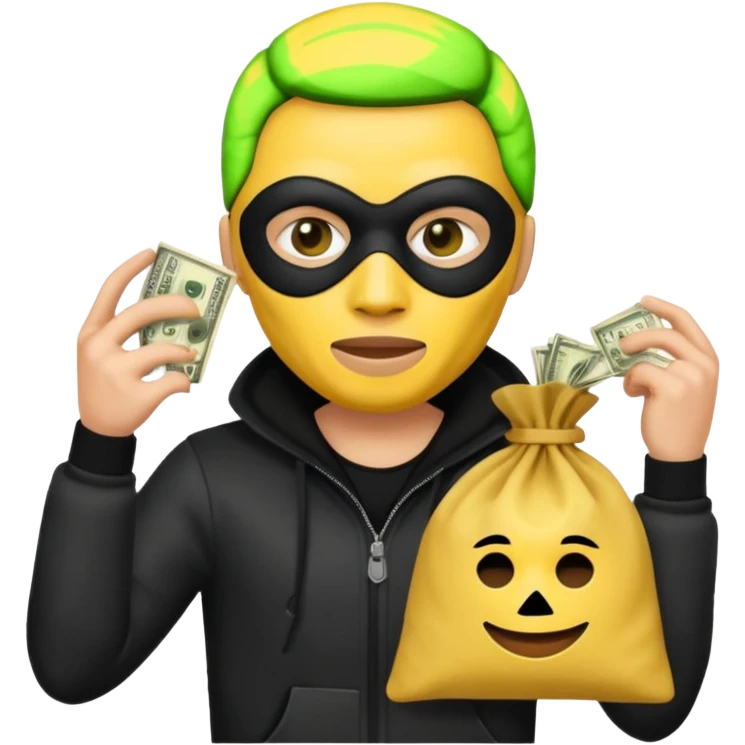 Ladrão com saco de dinheiro emoji efeito Mandela com pele amarelo com apenas a cabeça e os ombros aparecendo sem mãos com apenas a cabeça e os ombros aparecendo emoji