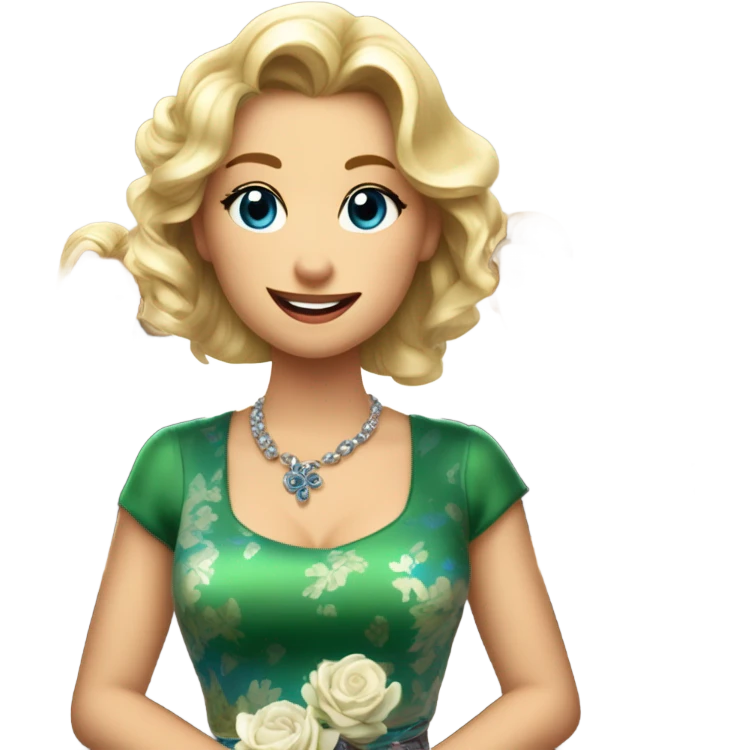Create an image of a blonde girl with medium-length hair, blue eyes, wearing a flower-patterned silk skirt and green top, holding an Oscar. Behind her, two happy male waiters with brown hair wear white shirts, black vests, and black ties. emoji