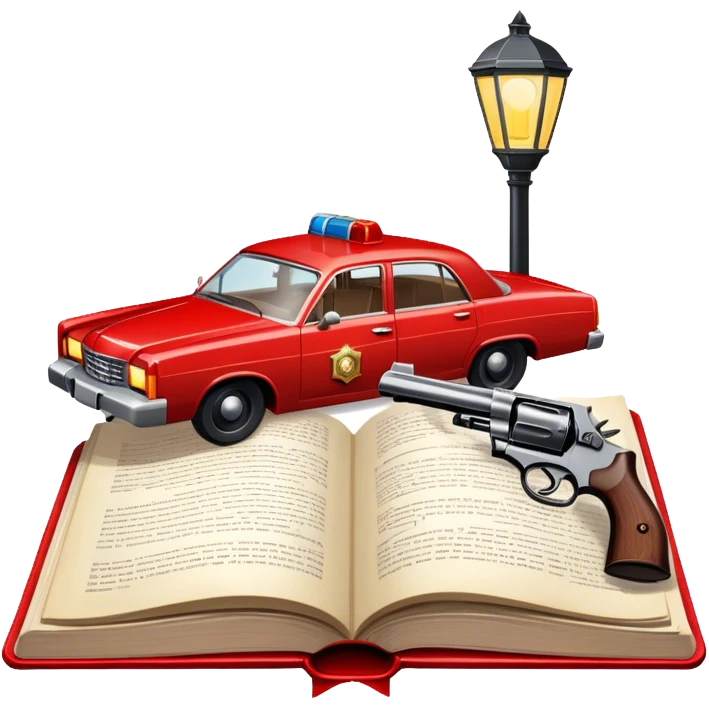 Icon for Action & Crime Reading: an open book with dramatic crime scenes—bullet holes on pages, a detective badge, a revolver and a getaway car. Surrounding elements include a flickering streetlight. Transparent background. emoji