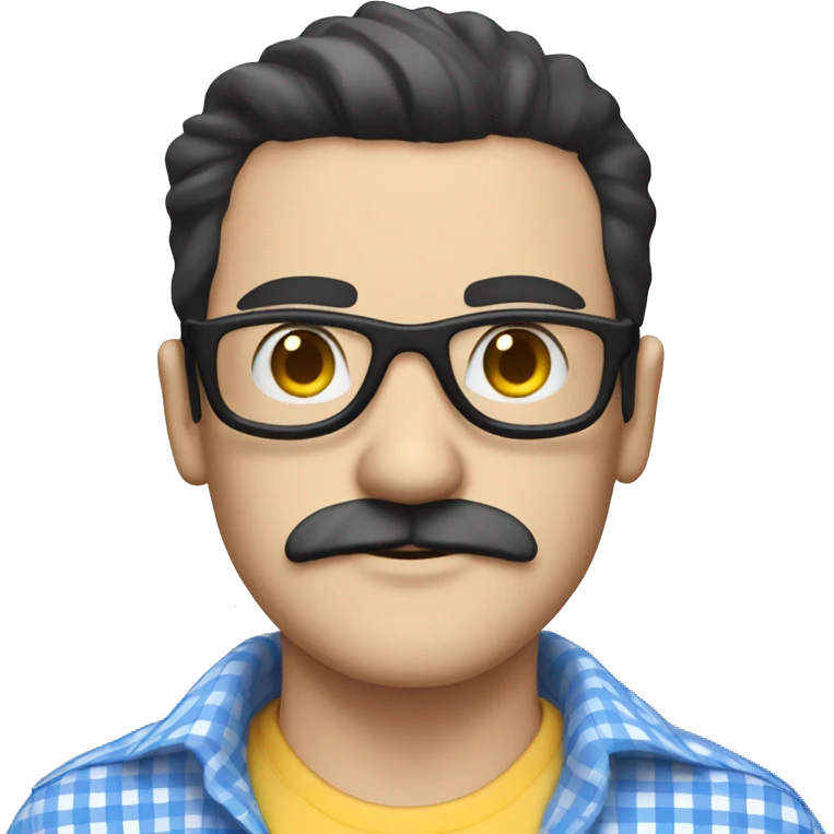 White man with straight black hair and mustache, wearing a blue and white gingham shirt and black goggles emoji