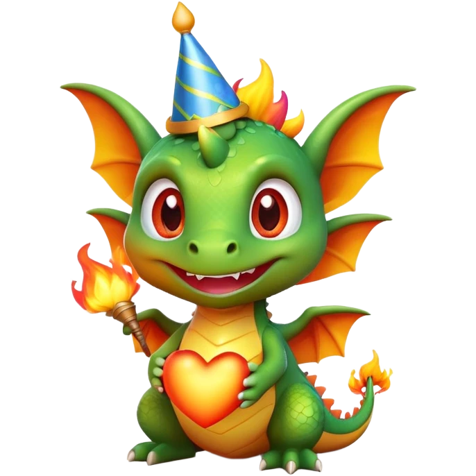 A baby dragon emoji, with big sparkling eyes and tiny wings, wearing a colorful birthday hat, smiling mischievously, blowing fire in the shape of a heart, stylized 3D cartoon, high detail, Pixar-style emoji
