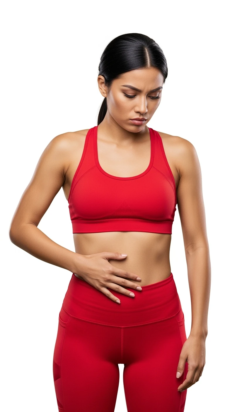 DONNA FITNESS CHE SI TOCCA LA PANCETTA CON ESPRESSIONE INSODDISFATTA IN VOLTO, iperrealistico 4k, ISOLATA SU SFONDO BIANCO emoji
