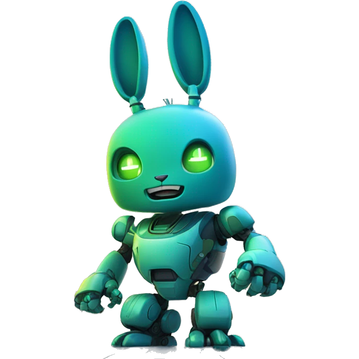 blue and green robot rabbit in a futuristic cityscape, with its fist raised against a backdrop of skyscrapers. emoji