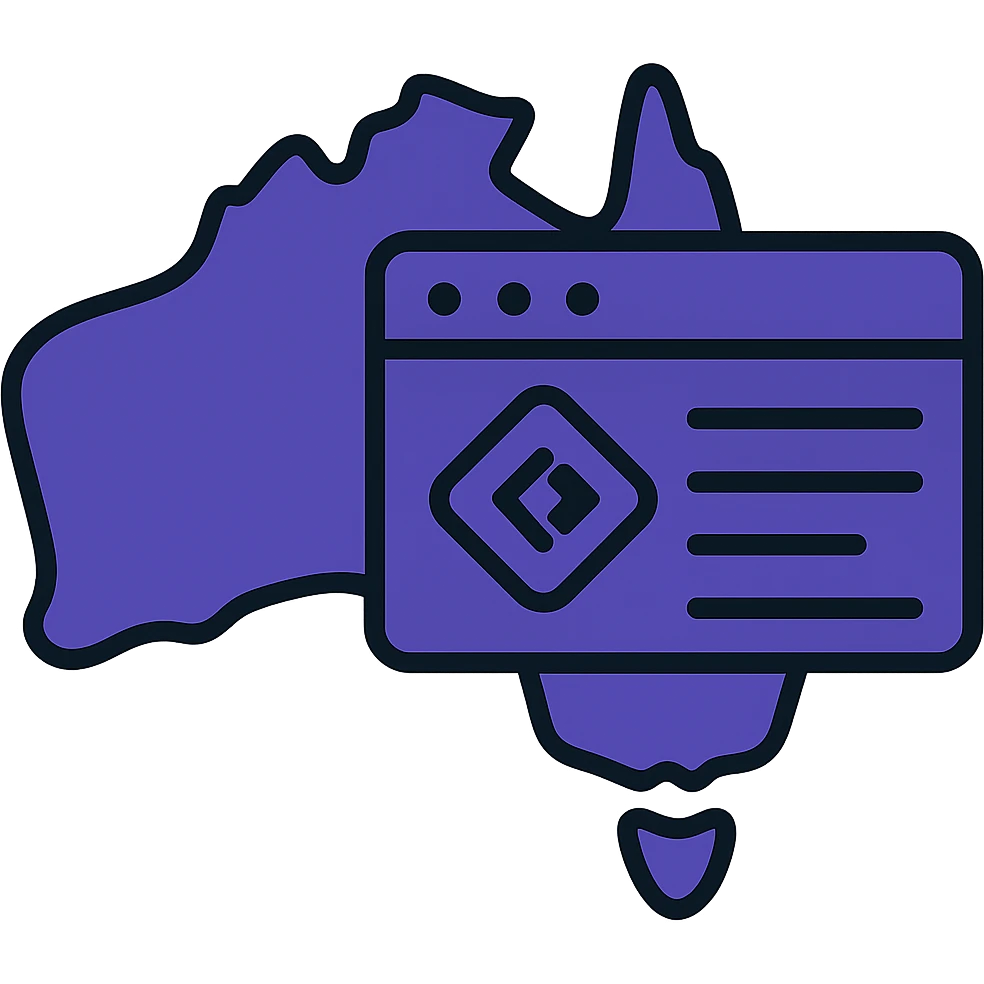Integrate the official Microsoft Power Pages icon prominently into the map of Australia with digital web page overlay, use #403DAD as the main color, keep the modern and techy look, no text emoji