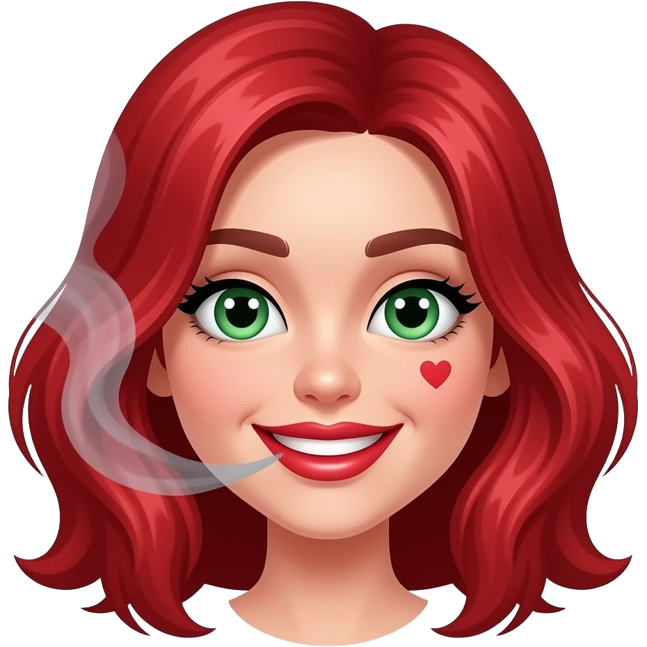 Ruby red  haired girl. With smoke. Green eyes. Smiley and flirty. No bangs. Red lips. Heart emoji. Lip emoji emoji