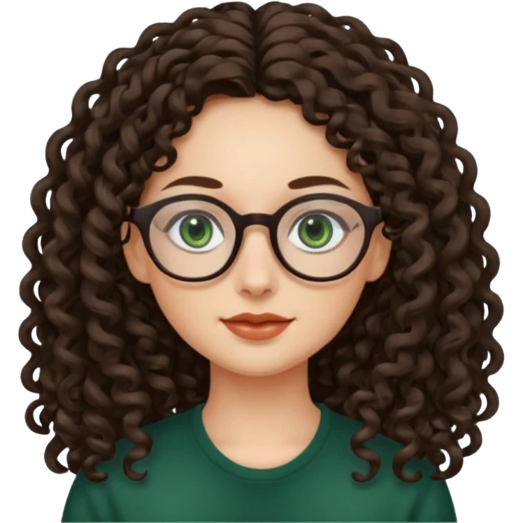rapariga, olhos verdes escuros, rosto oval, cabelos muito compridos aos caracóis, com óculos emoji