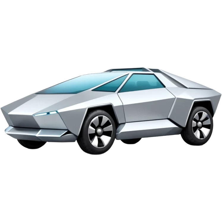 A futuristic chrome car emoji, sharp geometric body design inspired by cybertruck aesthetics, smooth silver metallic surface, matte and glossy chrome mix, minimal details, soft reflections, clean edges, iOS emoji style, centered, clean white background, soft studio lighting, no text emoji