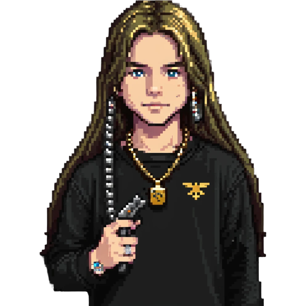 kid with long hair holding a glock, wearing a diamond grill and a 24 karat gold chain emoji