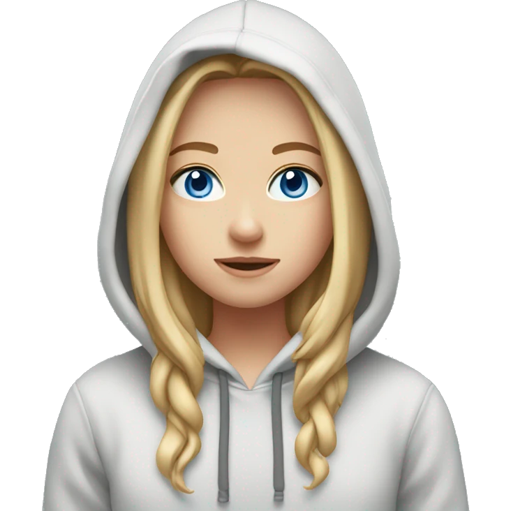 A girl with big, blue eyes, shoulder-length straight light hair, wearing a hoodie. emoji