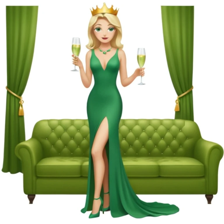 Queen, crown, blonde hair, green eyes, long green tight dress, decoltee,  Leg slit, whole Body, Background living room  emoji